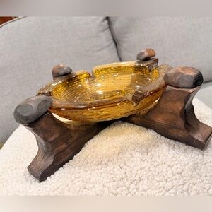 Vintage Amber Glass Ashtray on Carved Wood‎ Stand Heavy Mid Century